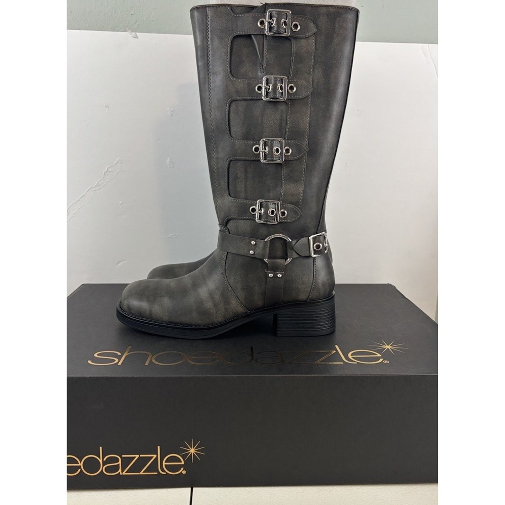 ShoeDazzle Sable Distressed Black Buckle Accent Knee High Boots Womens Size 8.5